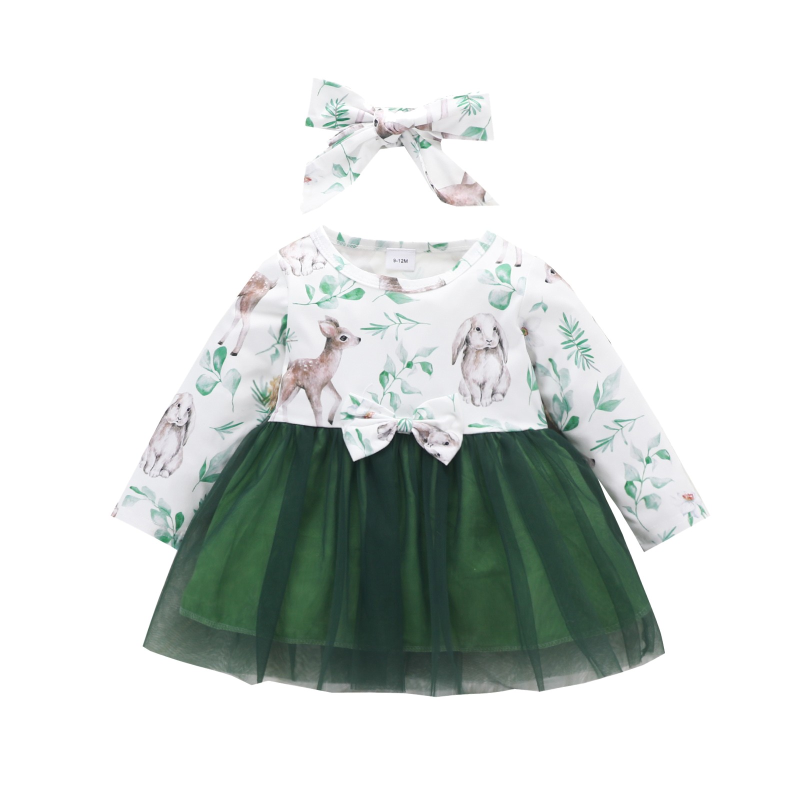 JSCDRPDWL Girls Dresses Girls Long Sleeve Deer Prints Tulle Dresses Toddler Princess Dress Headbands Set Baby Girl Dress Green 9-12 Months